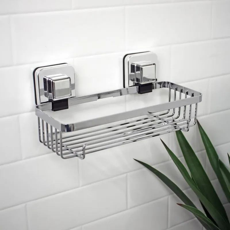 Showerdrape Pushloc Chrome Steel Suction Wall Mounted Rectangular Basket in Silver Silver