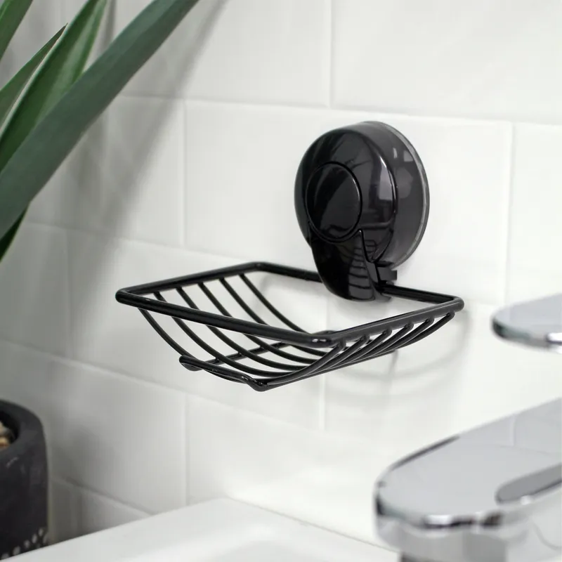 Showerdrape Suctionloc Black Steel Suction Wall Mounted Soap Basket Black