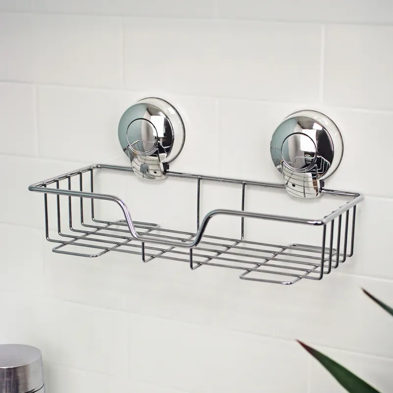 Showerdrape Suctionloc Chrome Steel Suction Wall Mounted Rectangular Basket in Silver Silver