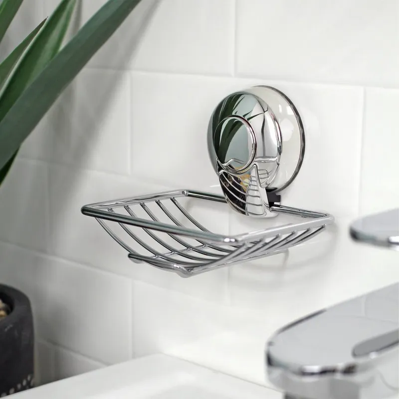 Showerdrape Suctionloc Chrome Steel Suction Wall Mounted Soap Basket in Silver Silver
