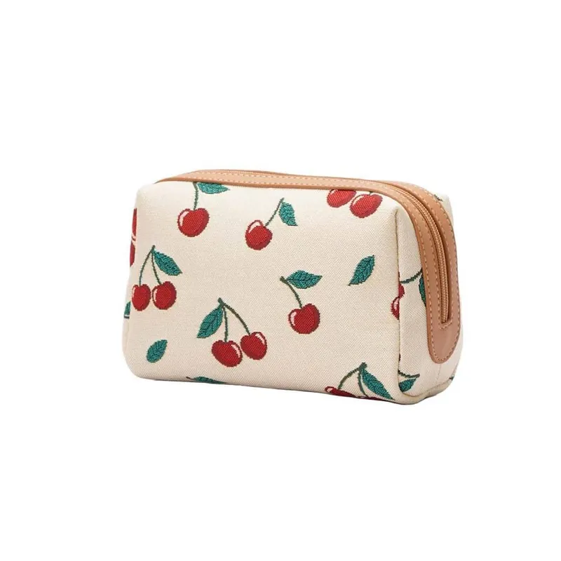 Signare London Beauty Toiletry Bag – Cherry Print Cream - Cream