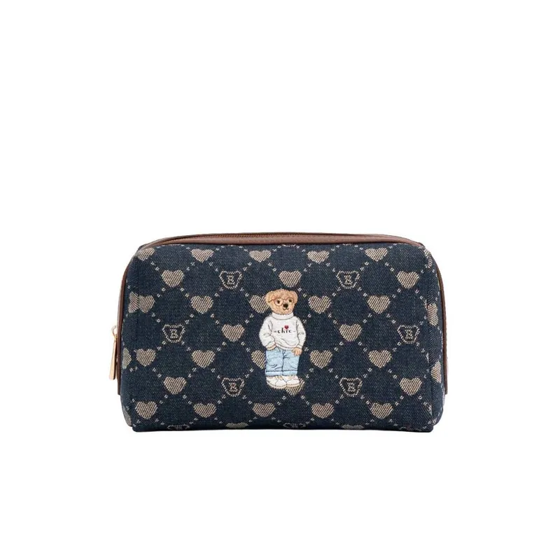 Signare London Women's Beauty Toiletry Bag - B-Loved Blue Denim Monogram Teddy Bear Blue