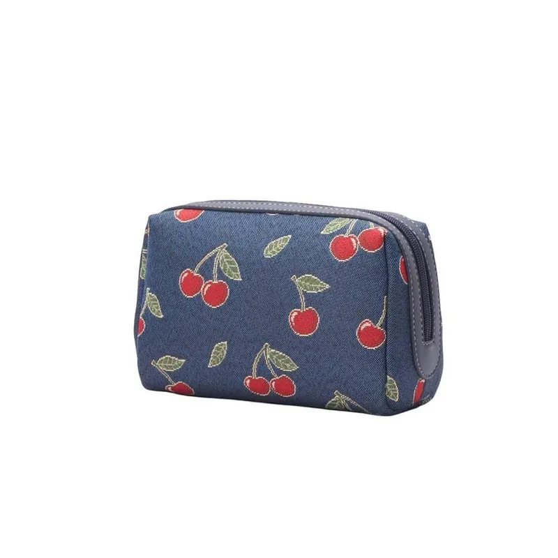 Signare London Beauty Toiletry Bag – Cherry Print Blue - Blue