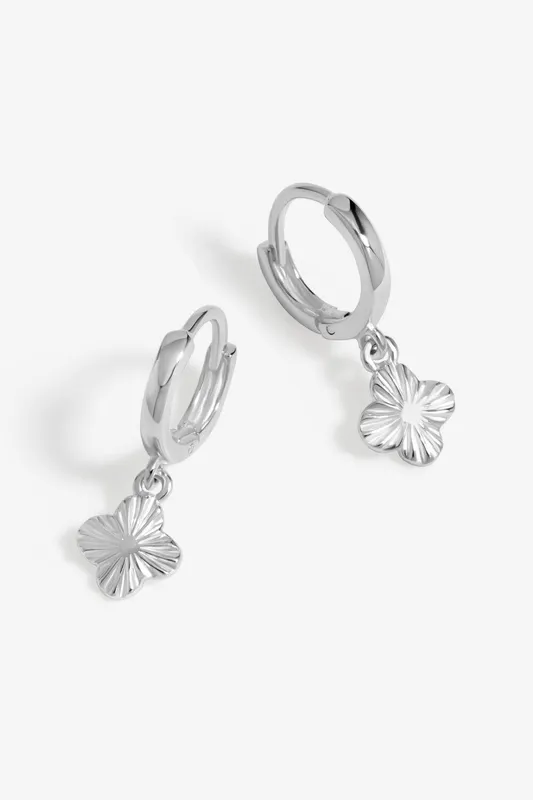 Simply Silver Women's Sterling Silver 925 Polished Diamond Cut Clover Charm Hoop Earrings - Silver - Size: One Size