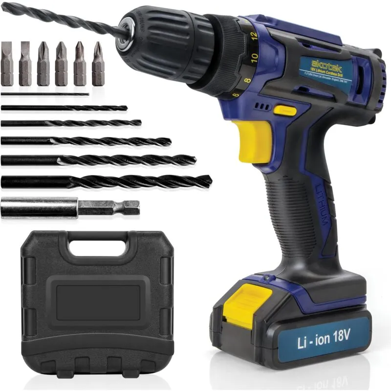 Skotek 18V Cordless Drill & Drill Bit Set 18V Battery & Charger & Case Included in Blue Blue