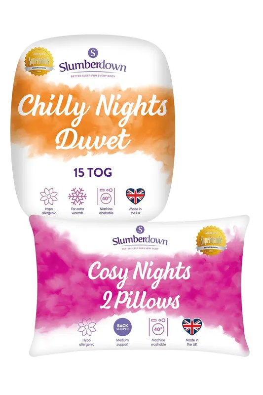 Slumberdown Chilly Nights 15 Tog Duvet, 2 Cosy Nights Pillows in White Size: Single White Single
