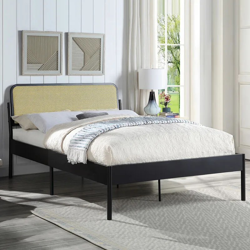 SlumberWorx Cheshunt Black Metal Rattan Headboard Bed Frame Size: King Black