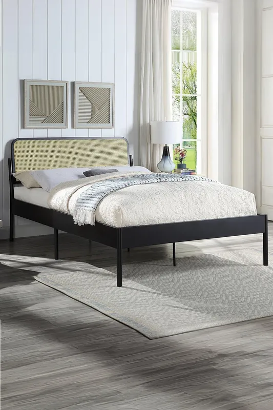SlumberWorx Cheshunt Black Metal Rattan Headboard Bed Frame Size: Double Black