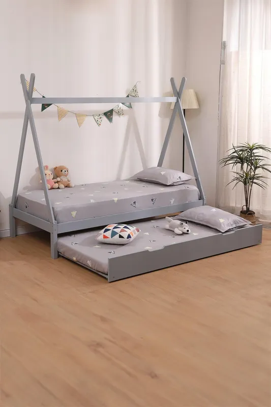 SlumberWorx Harry Kids Childrens Wooden Teepee Single Bed Frame with Guest Trundle in Grey Grey Single