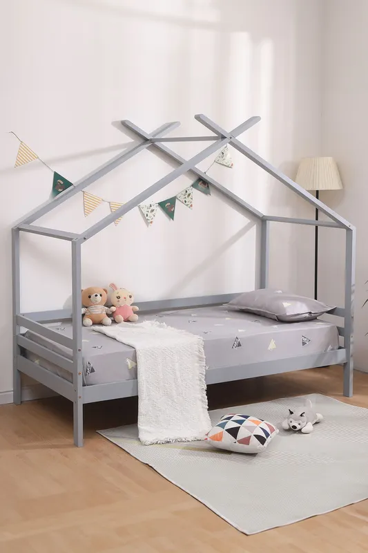 SlumberWorx Teddy Kids Childrens Wooden House Treehouse Single Bed Frame in Grey Grey Single