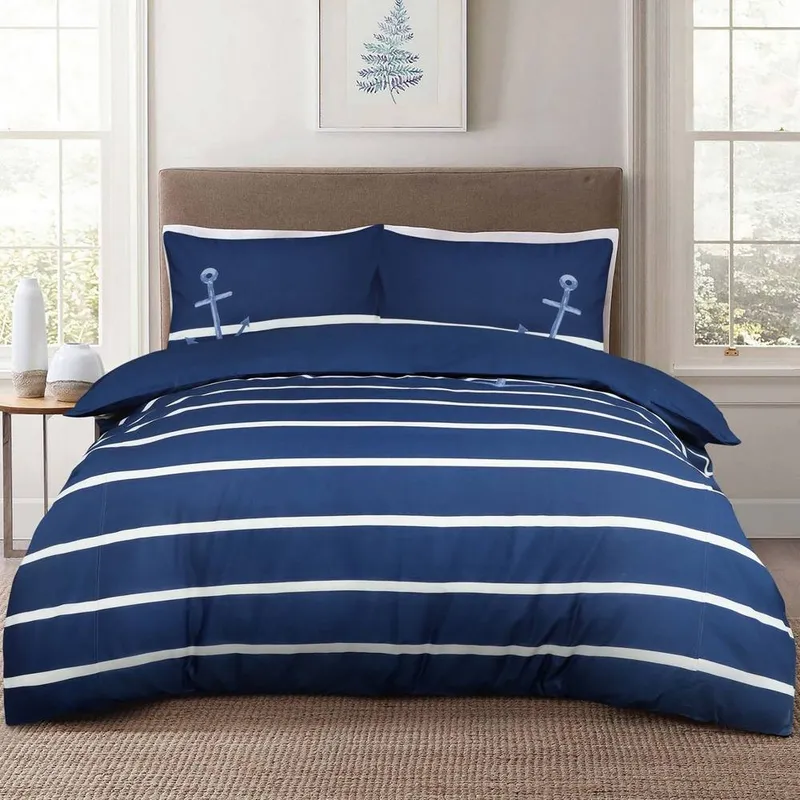 Smart Living Luxury Sailor Striped Duvet Cover With Pillowcases in Navy Size: Single - Navy - Size: Single