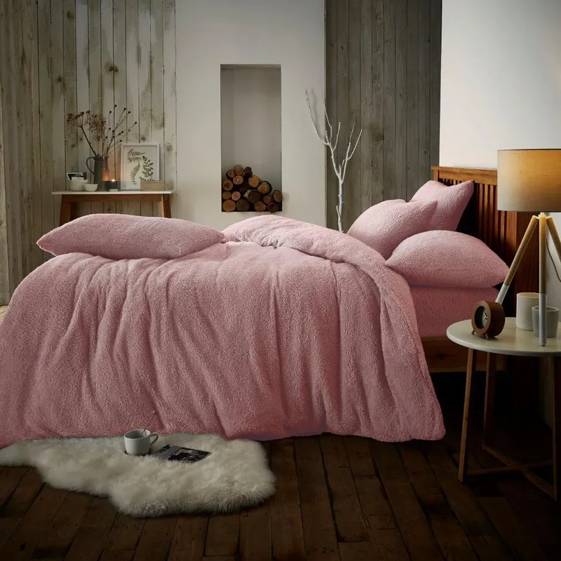 Smart Living Luxury Teddy Plain Duvet Cover & Pillowcase Set in Pink Size: King Pink King