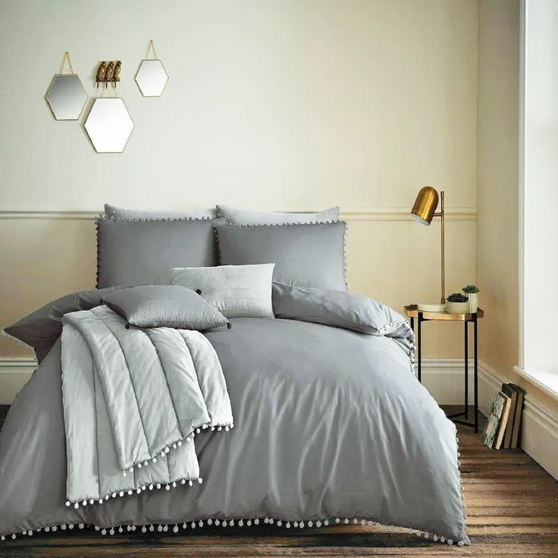 Smart Living Premium Polycotton Pom Pom Duvet Cover With Pillowcases in Charcoal Size: King Charcoal King
