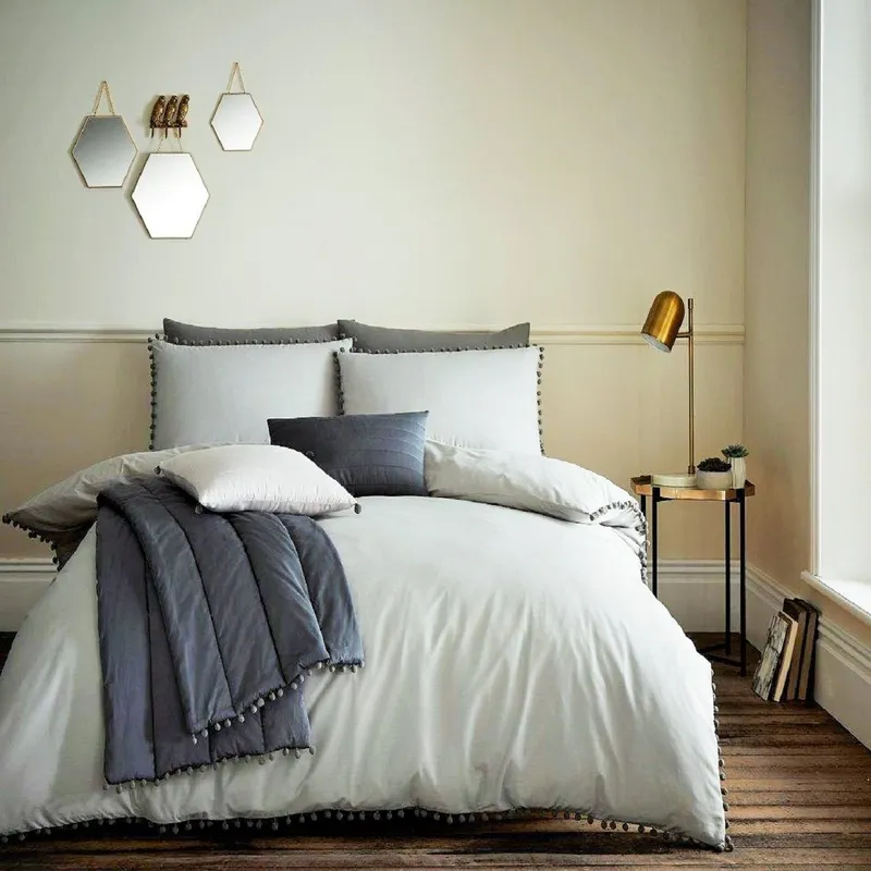 Smart Living Premium Polycotton Pom Pom Duvet Cover With Pillowcases in Grey Size: King Grey King