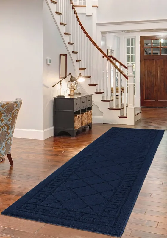 Smart Living Tribela Heavy Duty Machine Washable Hallway Kitchen Non Slip Door Mat in Navy Size: 80cm x 300cm - Navy