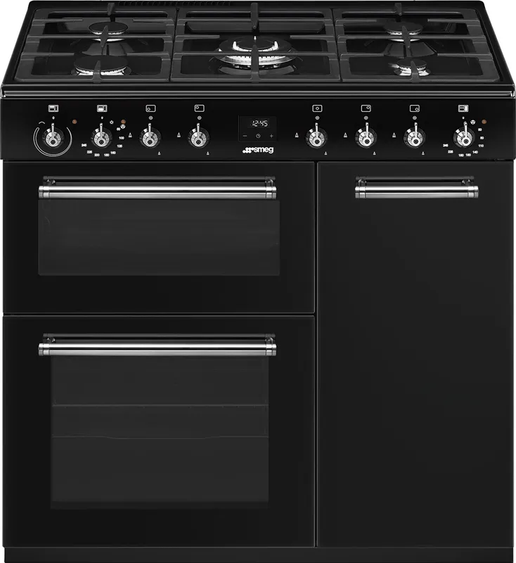 Smeg Concert CX93GMBL 90cm wide Dual Fuel Range Cooker with Gas Hob - Black - A Rated, Black