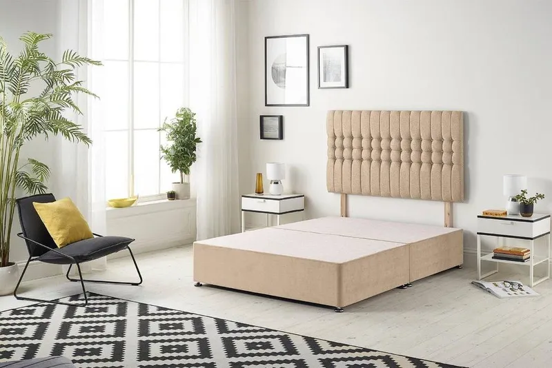 Somnior Galaxy Divan Bed Base with Headboard Plush velvet in Beige Size: King - Beige