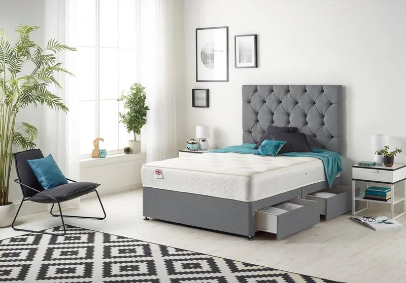 Somnior Premier Sprung Memory Foam 2 Drawer Divan Bed with Upholstered Headboard Plush Velvet in Charcoal Size: Small Single - Charcoal - Size: Small Single
