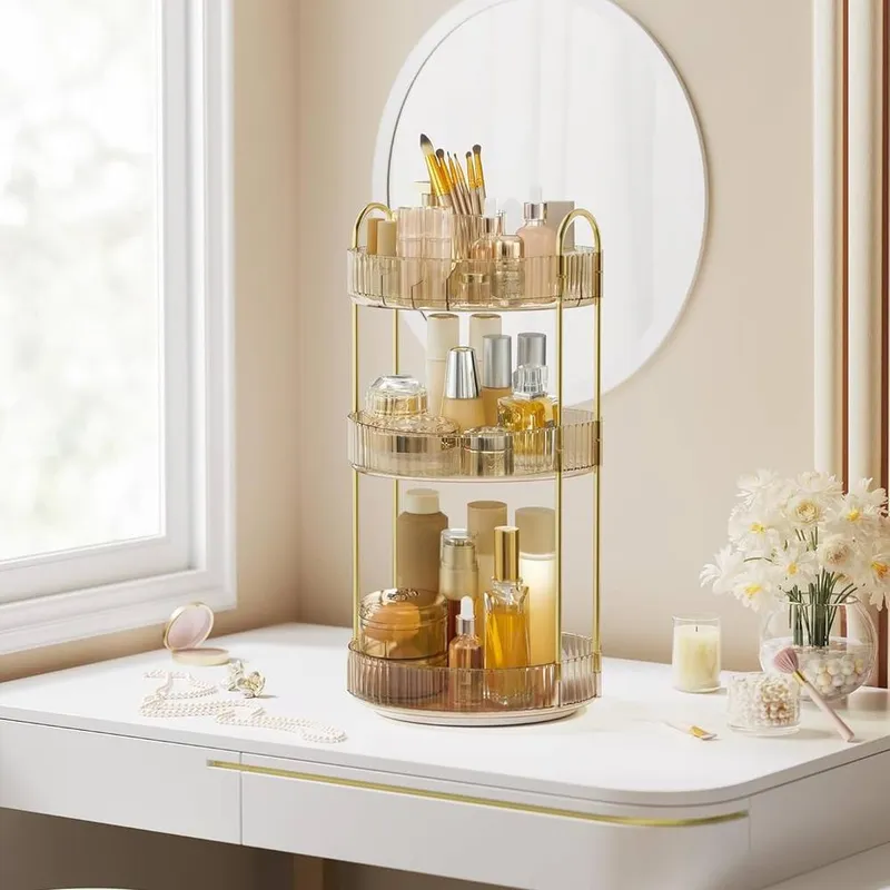 Songmics Unisex Rotating Makeup Organiser 3 Tier Customisable Skincare Holder in Gold Gold One Size female