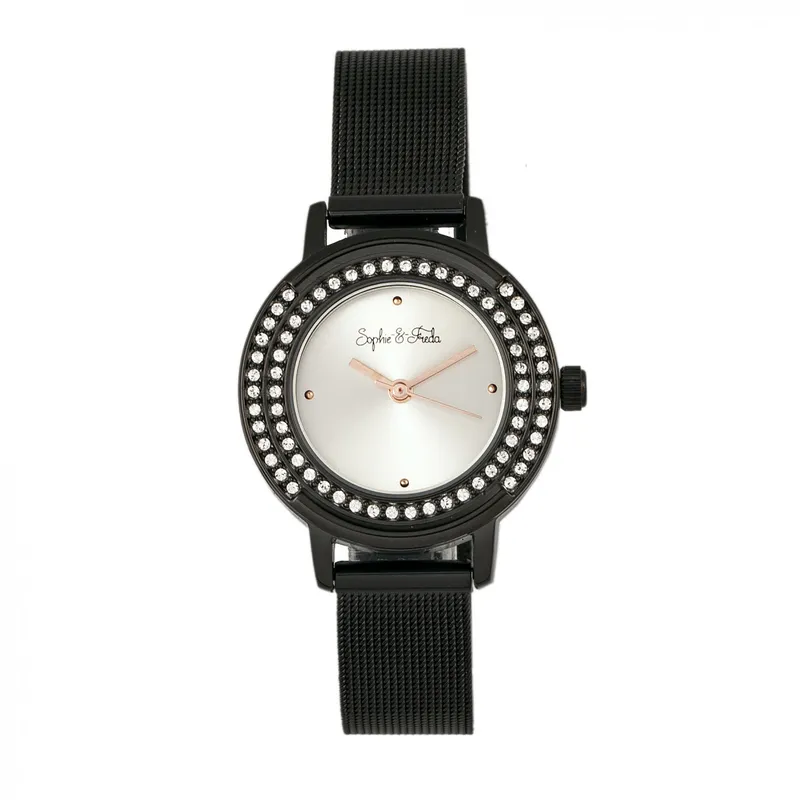 Sophie & Freda Womens Cambridge Bracelet Watch W/swarovski Crystals - Black Stainless Steel - One Size