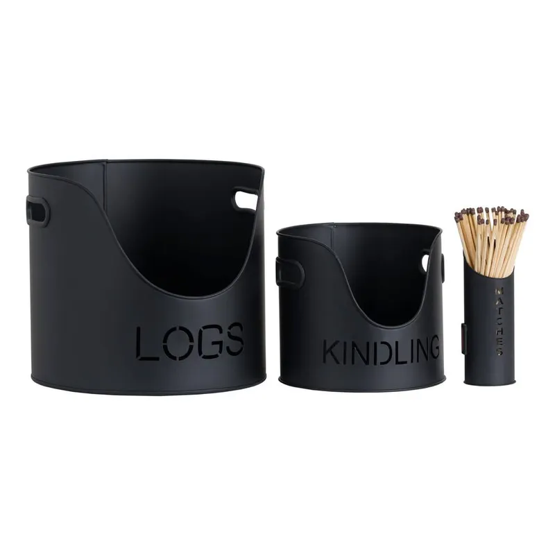Sostter Black Steel Fireplace Log Bucket with Holders Black