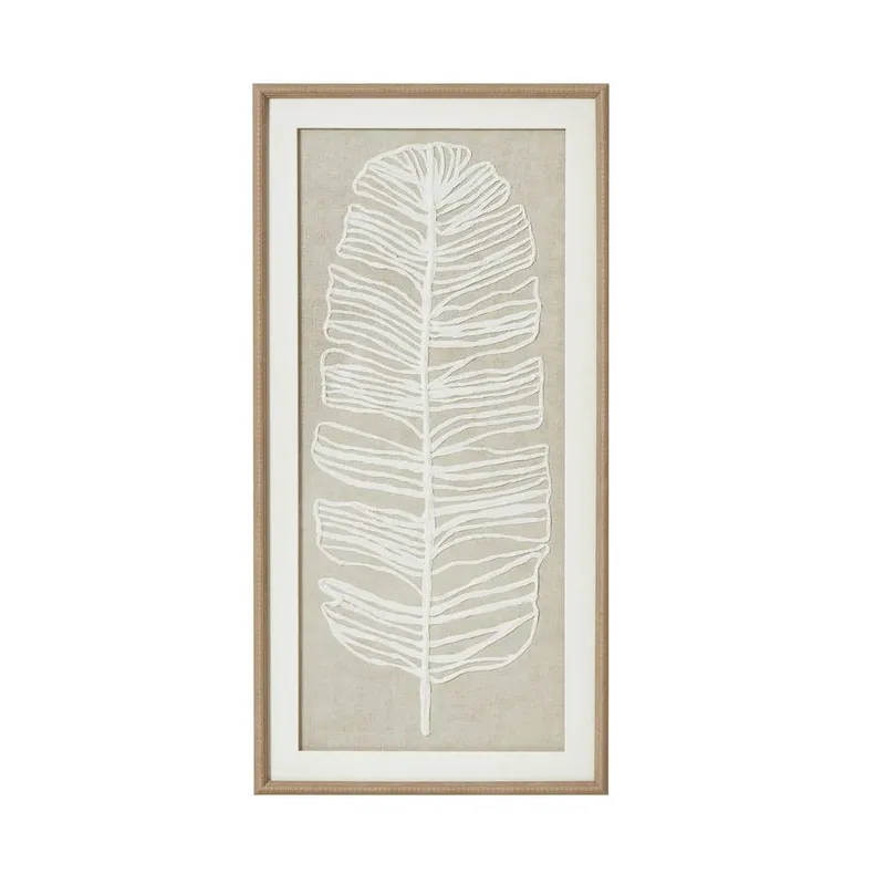Sostter Large White Feather Wall Art with Beaded Frame in Ivory - Ivory - Size: One Size