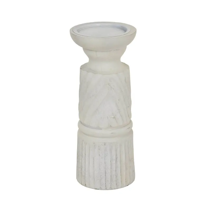 Sostter White Carved Wooden Candle Holder Medium in Soft White - Soft White