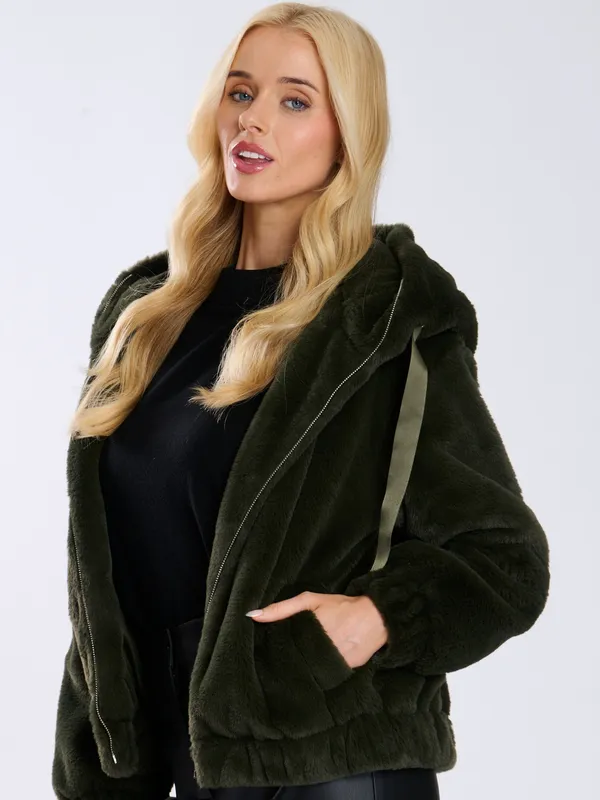 South Beach Women's Faux Fur Hooded Jacket in Khaki Size: 8 Khaki 8
