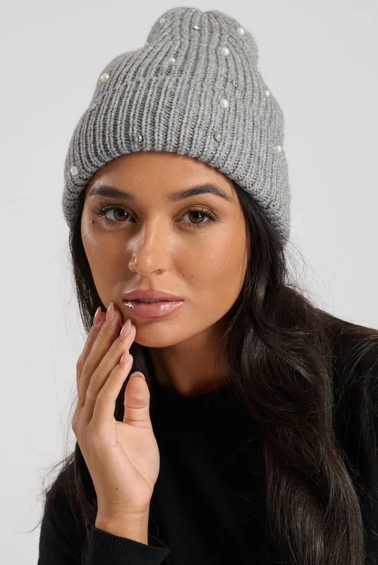 South Beach Women's Pearl Embellished Beanie in Grey Grey One Size female