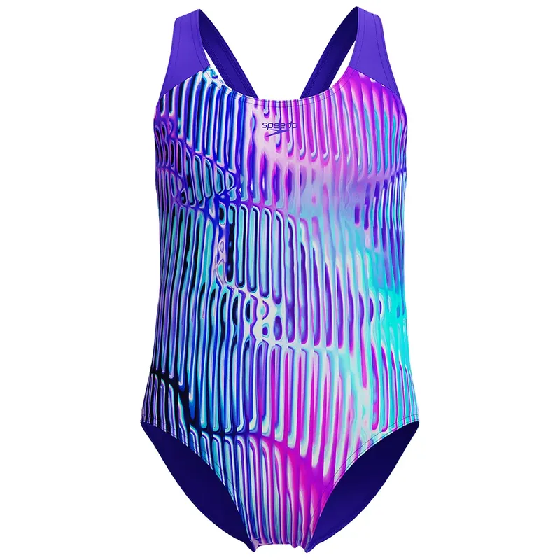 Speedo Digital Allover Splashback Swimsuit Indigo Glow 13-14 Years Girls