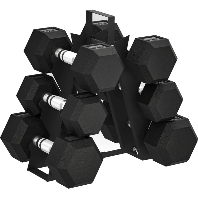 Sportnow - 36KG Hex Dumbbell Set with Dumbbell Rack, Rubber Coated Weights