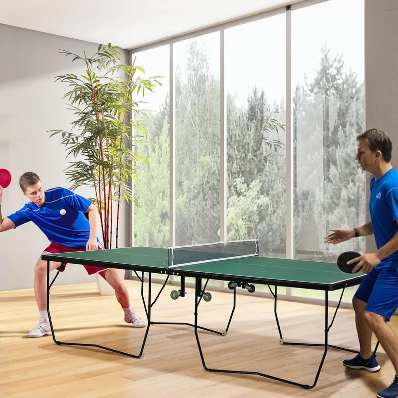 Sportnow 9FT Table Tennis Table w/ 8 Wheels, Folding Ping Pong Table in Green Green
