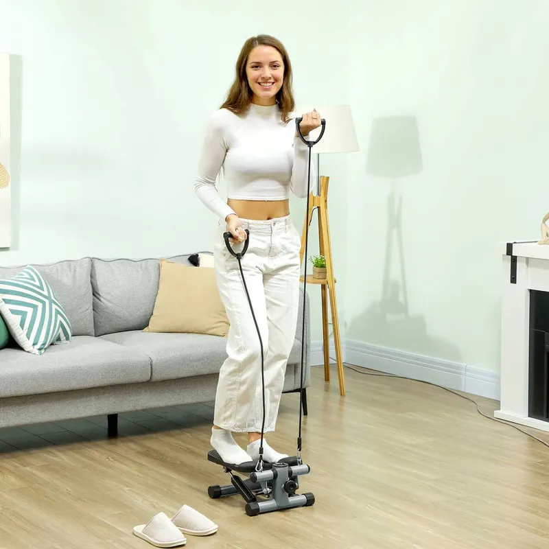 Sportnow Mini Stepper, Compact Step Machine Exerciser with Resistance Bands in Grey Grey