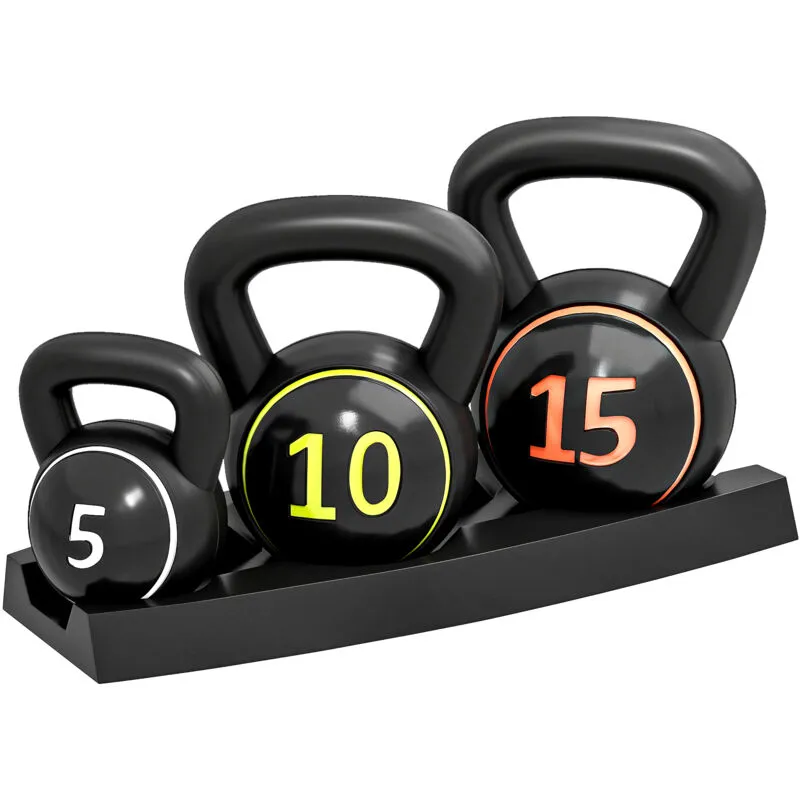 Sportnow - Set of Three Kettlebell Weights with Storage Tray, 2.2kg, 4.5kg, 6.8kg