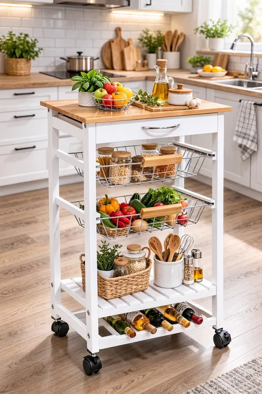 Spot ON Dealz 5 Tier Kitchen Trolley Mobile Rolling Kitchen Island in White White