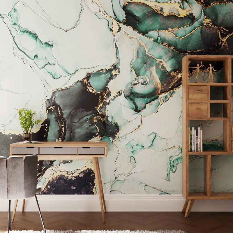 Superfresco Easy Agate Marble Teal & Gold Print To Order 3m x 2.8m Mural in Blue - Blue