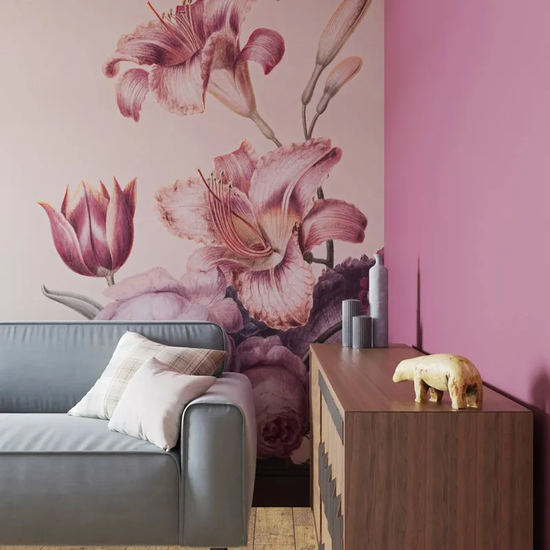 Superfresco Easy Antique Floral Soft Blush Print To Order 3m x 2.8m Mural in Pink - Pink