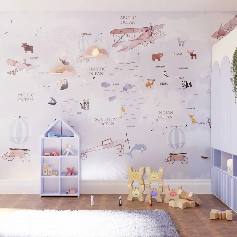 Superfresco Easy Around the World Lilac Print To Order 3m x 2.8m Mural in Purple Purple