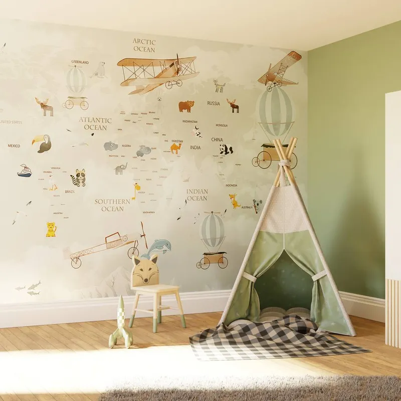 Superfresco Easy Unisex Around the World Sage Print To Order 3m x 2.8m Mural in Green Green female