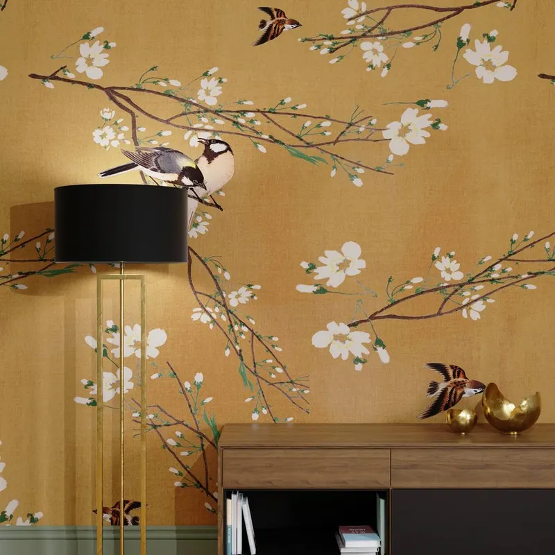 Superfresco Easy Birds & Blossom Ochre Print To Order 3m x 2.8m Mural in Yellow Yellow