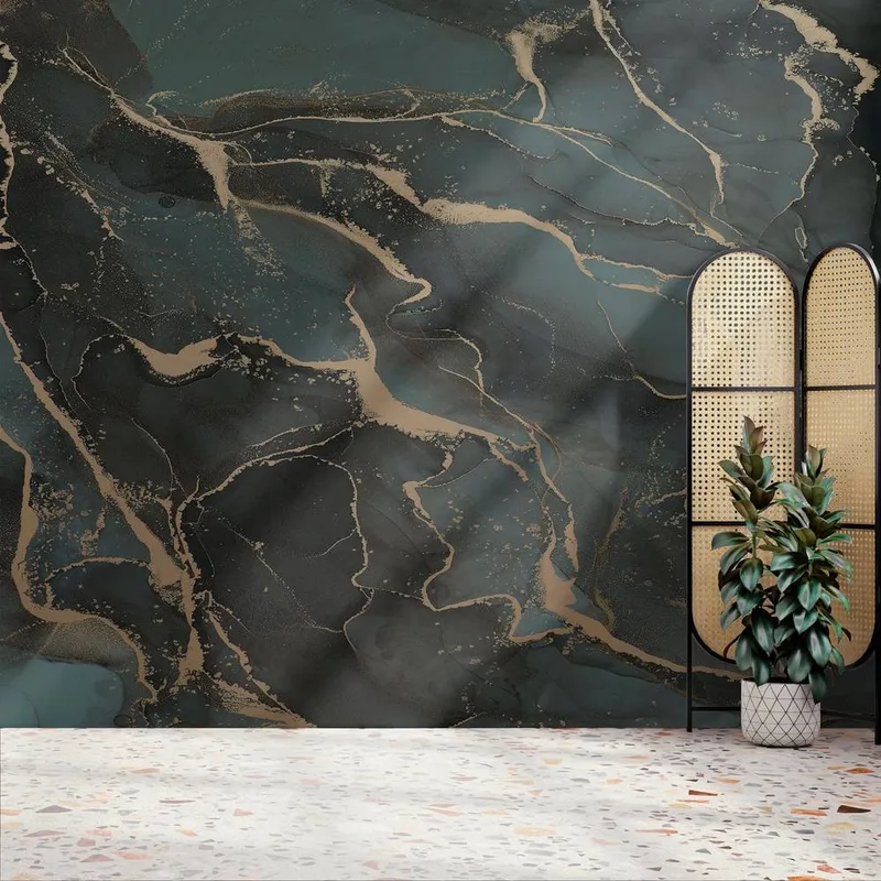 Superfresco Easy Marble Teal Gold Print To Order 3m x 2.8m Mural in Blue - Blue - Size: One Size