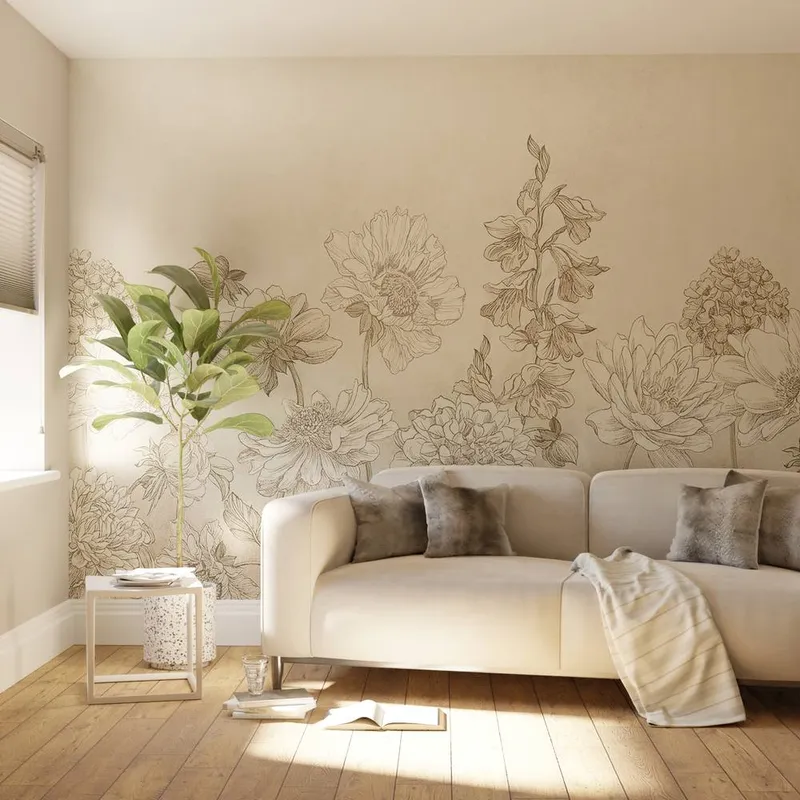 Superfresco Easy Muted Floral Beige Print To Order 3m x 2.8m Mural Beige