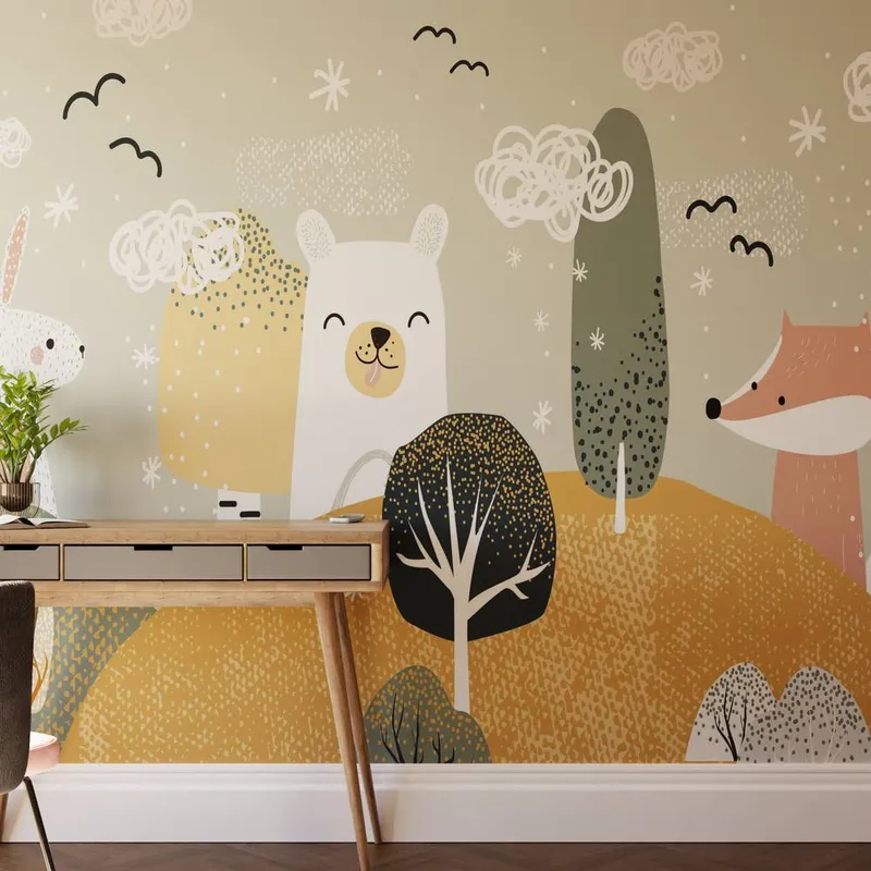 Superfresco Easy Scandi Animals Ochre Print To Order 3m x 2.8m Mural in Yellow Yellow