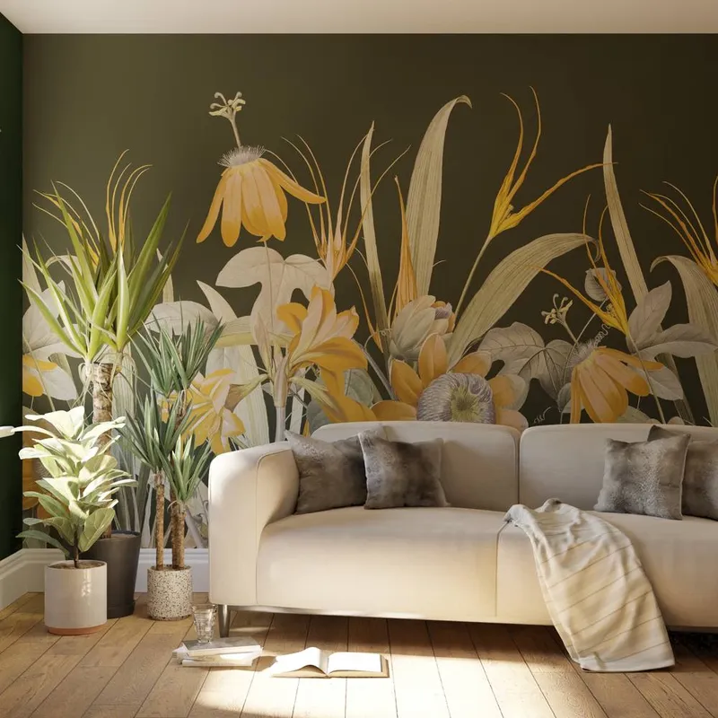 Superfresco Easy Unisex Flora Green Ochre Print To Order 3m x 2.8m Mural Green female