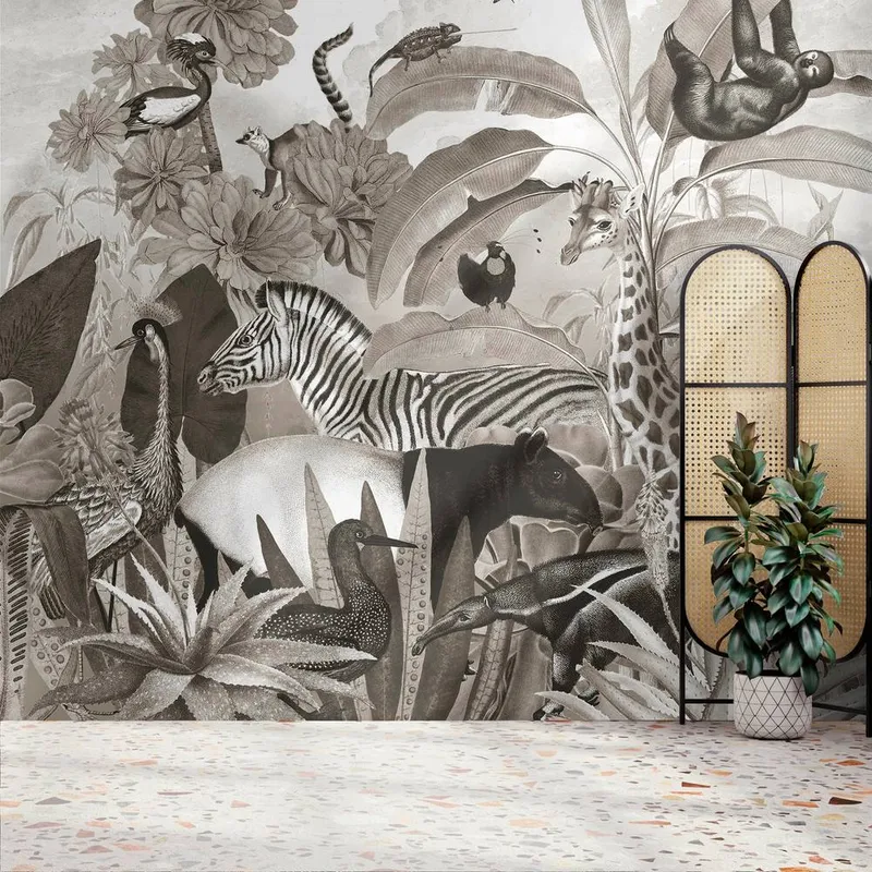 Superfresco Easy Jungle Animals Black & White Print To Order 3m x 2.8m Mural - Black