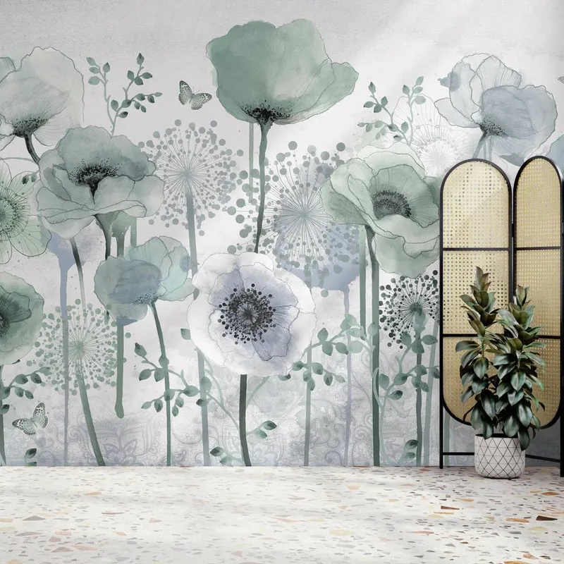 Superfresco Easy Poppy Teal Print To Order 3m x 2.8m Mural in Blue - Blue