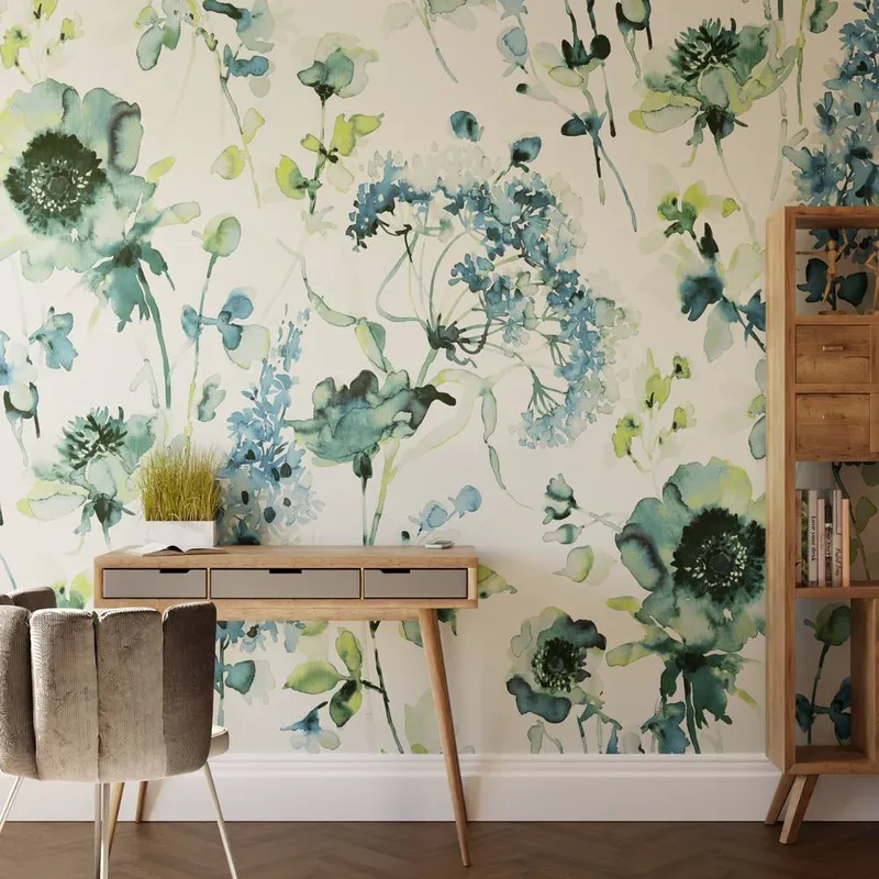 Superfresco Easy Watercolour Floral Blue Green Print To Order 3m x 2.8m Mural - Green