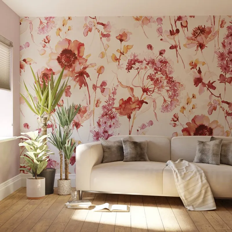 Superfresco Easy Watercolour Floral Pink Blue Print To Order 3m x 2.8m Mural Pink