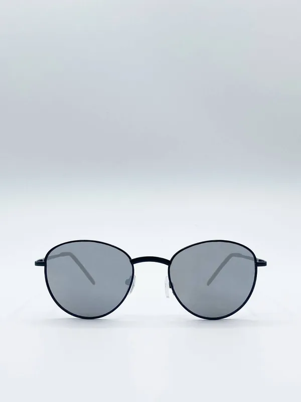 Svnx Unisex Classic Round Sunglasses w/ Mirror Lenses in Black Black female