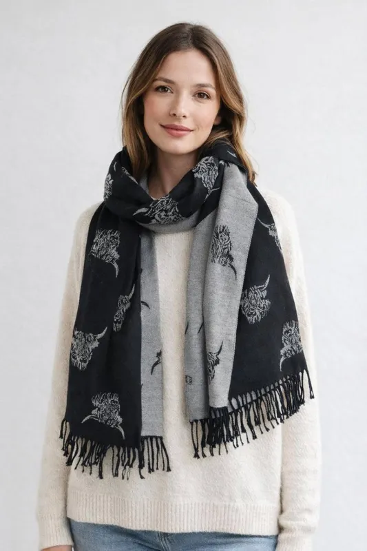 Svnx Unisex Highland Cow Reversible Scarf in Black - Black